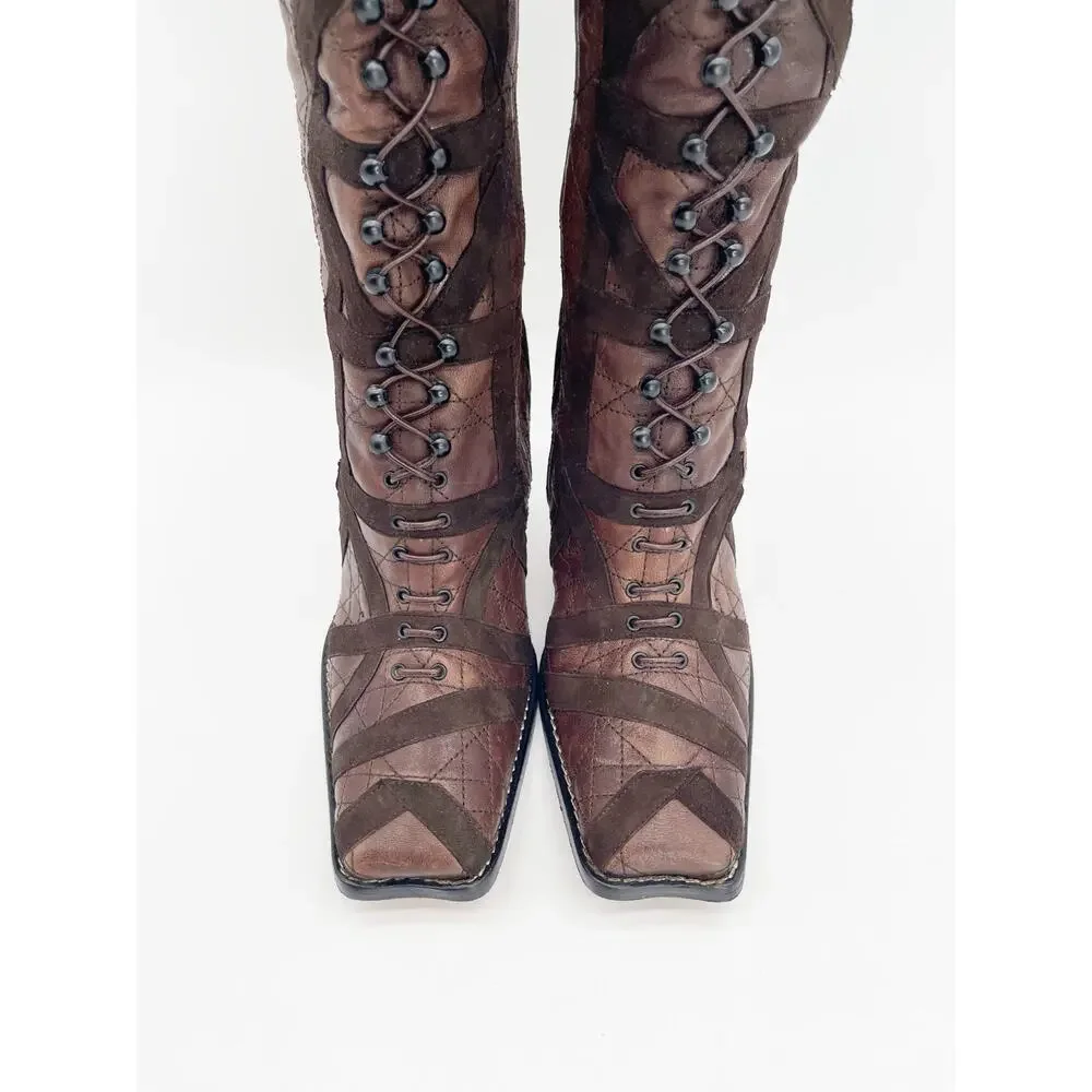 Dior Vintage y2k Galliano Era Brown Cannage Louis XVI OTK Lace Up Boots EU 39
